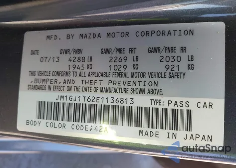 2014 Mazda Mazda6 I Touring z USA, uszkodzony, nr VIN JM1GJ1T62E1136813